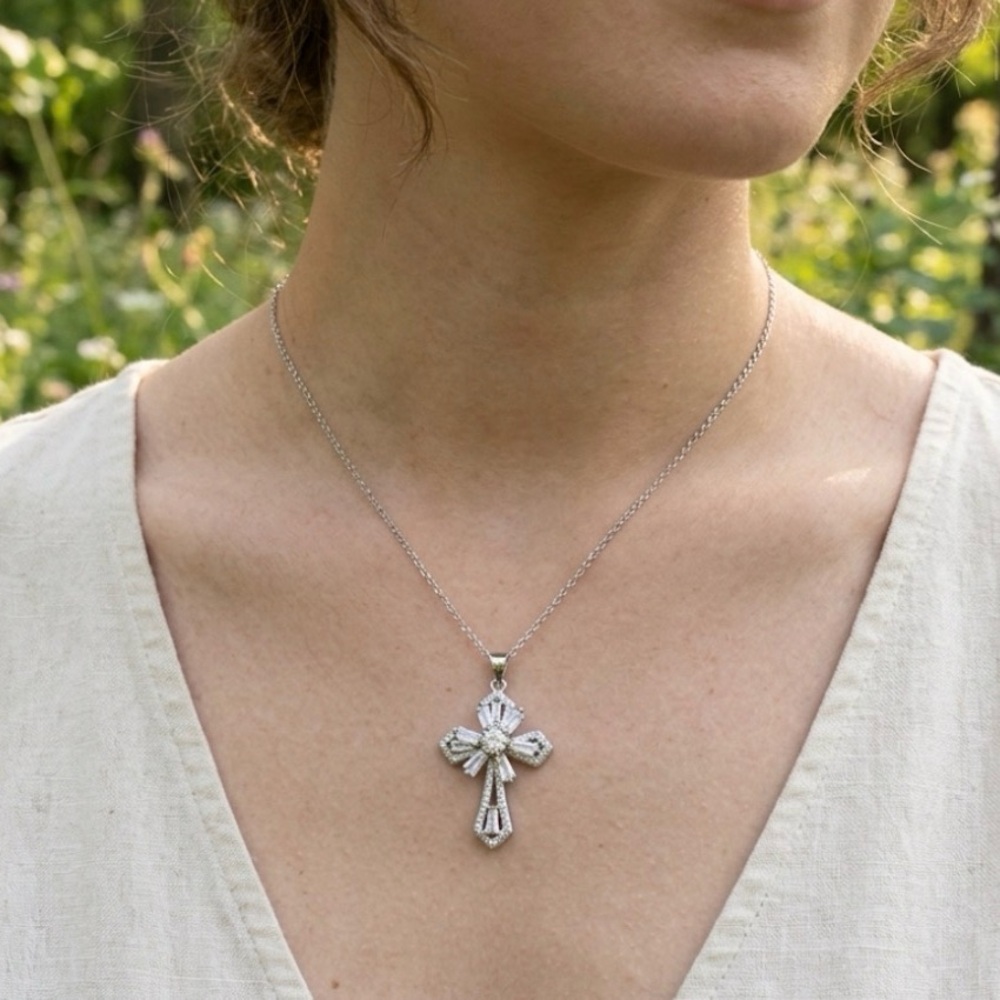 Exquisite Baguette Moissanite Cross Spinning center Silver Plated Pendant
